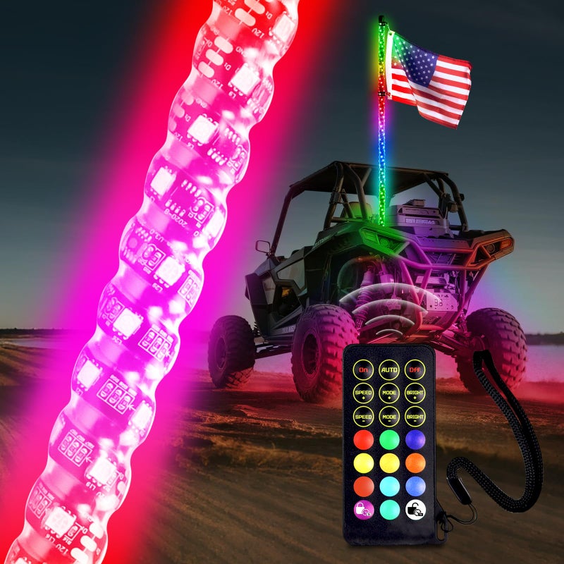 Beatto بيتو 3 قدم (0.9 متر) ضوء LED ملون مع جهاز تحكم عن بعد RF مع هوائي LED متراقص/متسابق للمركبات خارج الطريق ATV UTV RZR جيب شاحنات إضاءة الكثبان الرملية للمركبات - Image 1